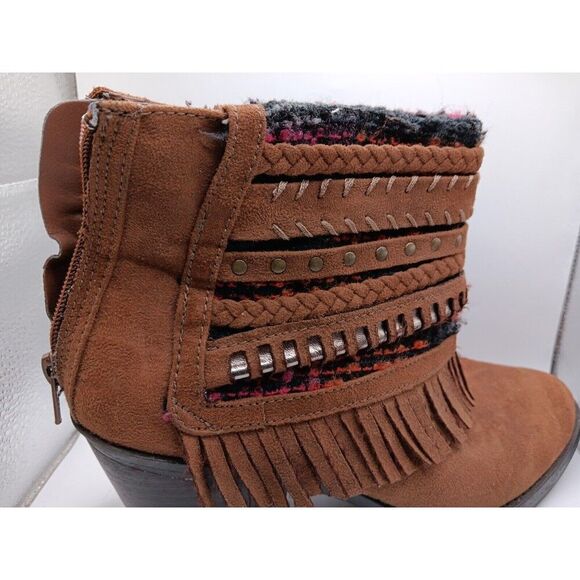 Mudd Boots Womens 11 F Ankle Booties Brown Leather Woven Braided Studded Fringe - Picture 5 of 16